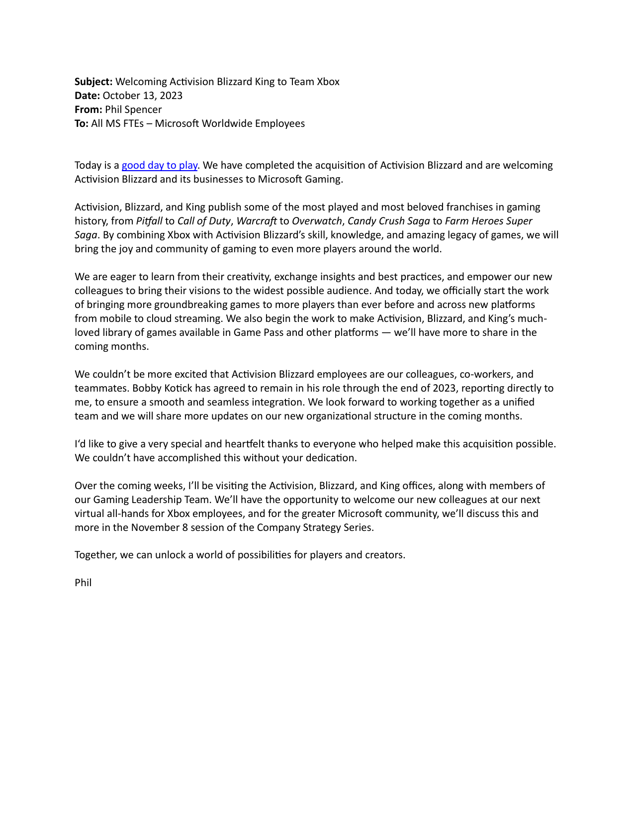 First page of Phil Spencer's October 13, 2023 email welcoming Activision Blizzard King to Team Xbox.