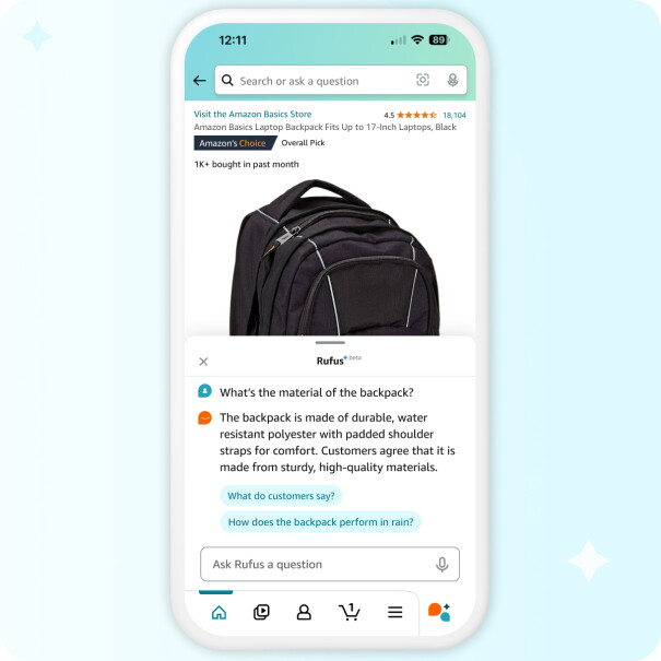 Amazon Shopping app product page for a backpack with a Rufus panel that summarizes customer-review information.