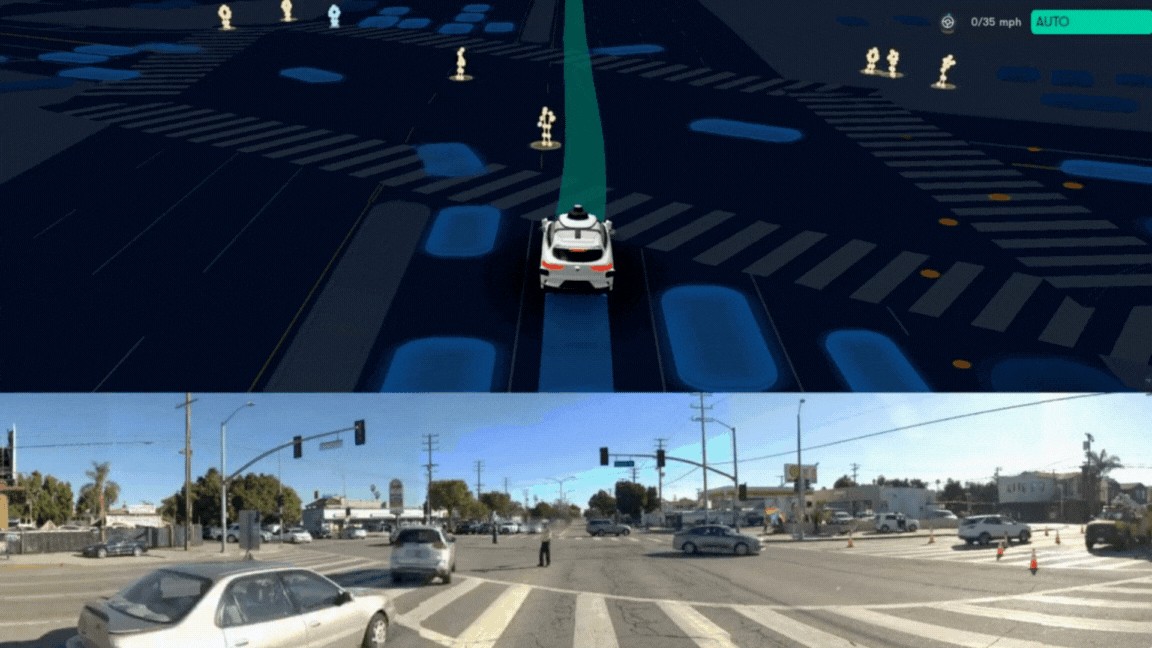 Static frame from Waymo's source clip: a Waymo vehicle approaches a Los Angeles intersection where a police officer directs traffic, with a perception display above the road view.