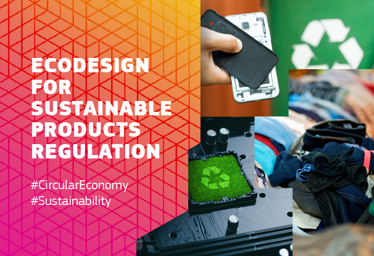 European Commission Ecodesign for Sustainable Products Regulation graphic with a repairable phone, circuit board, recycling symbol, and folded textiles.