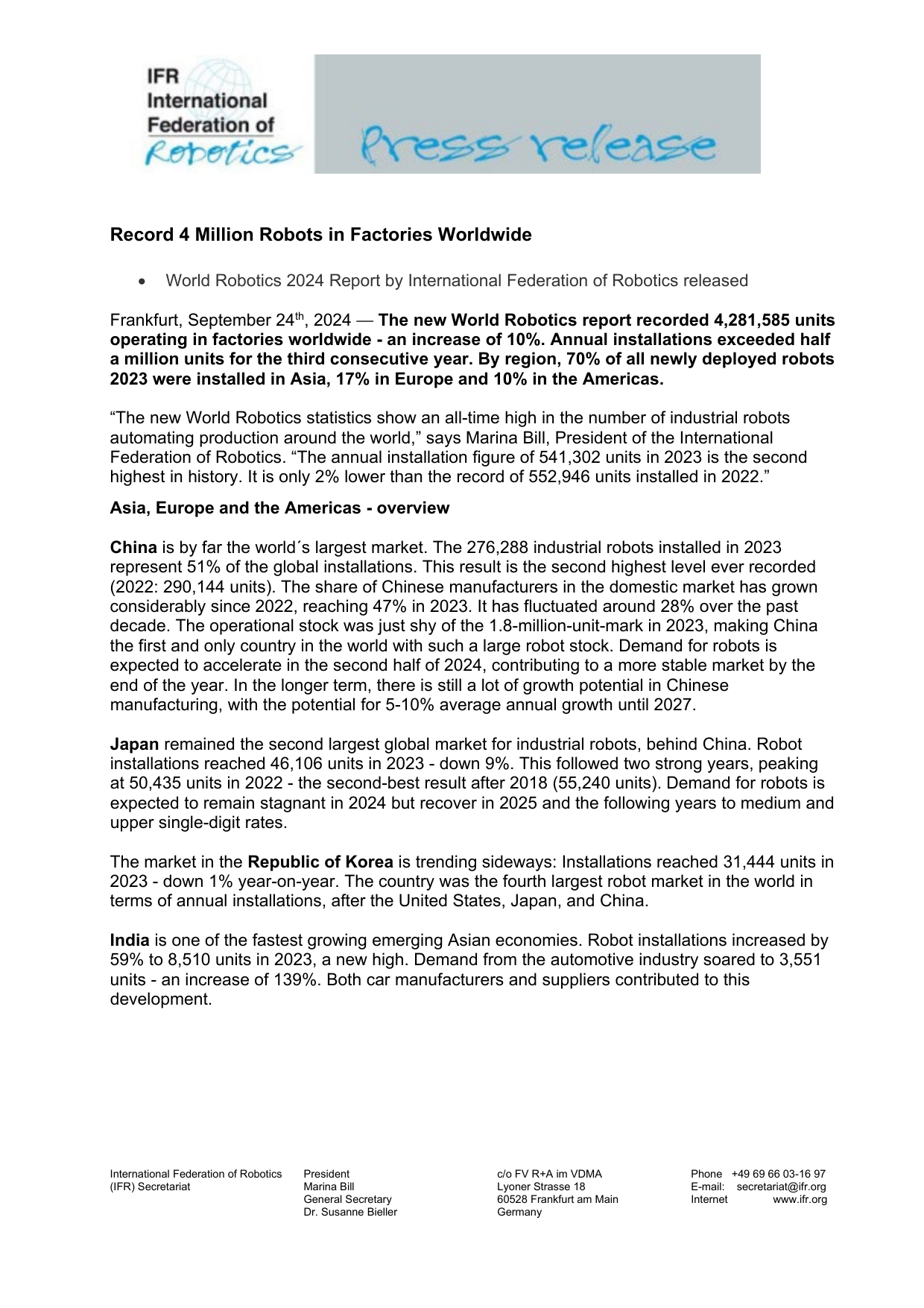 First page of the International Federation of Robotics World Robotics 2024 press release, headed Record 4 Million Robots in Factories Worldwide.