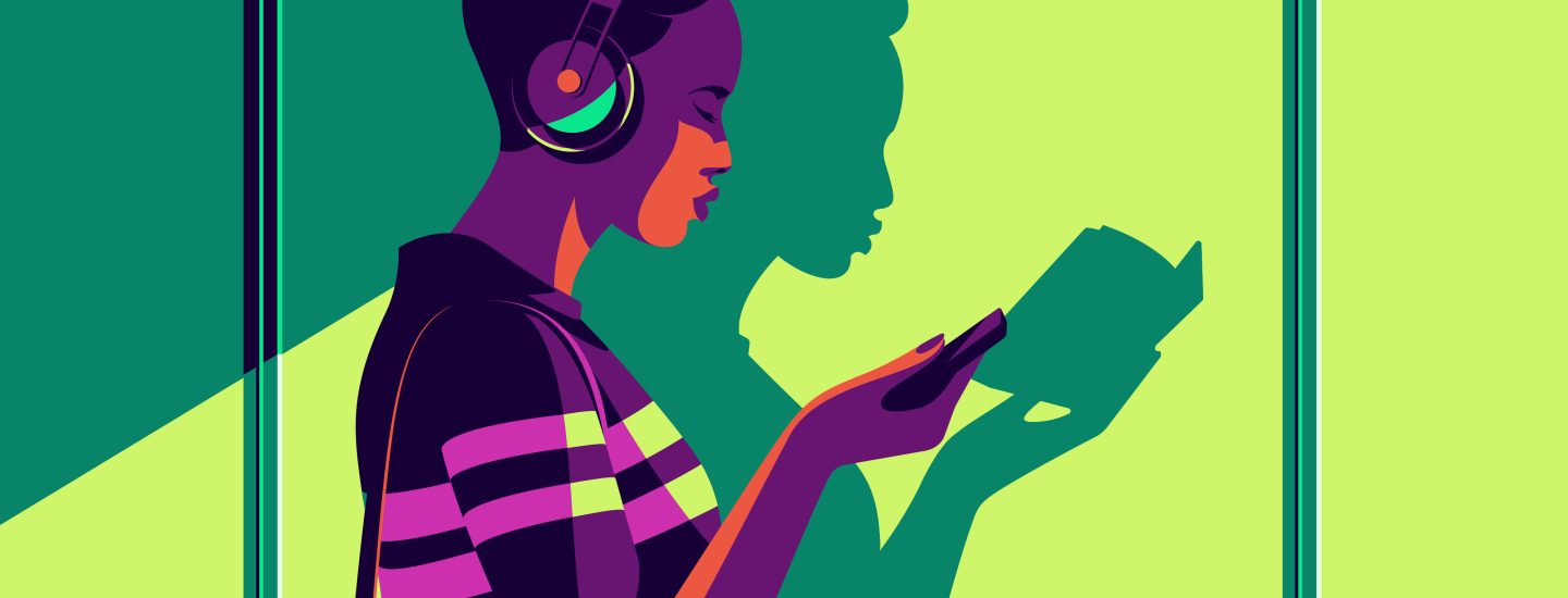 Spotify illustration of a person in headphones listening while reading a book on a phone.